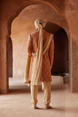 RUST MATKA SILK EMBROIDERED SHERWANI WITH BEIGE MONGA TUSSAAR KURTA CHURIDAR