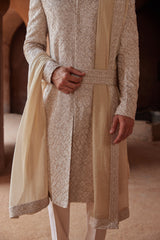 MUSHROOM RAW SILK EMBROIDERED SHERWANI WITH KURTA AND TROUSER