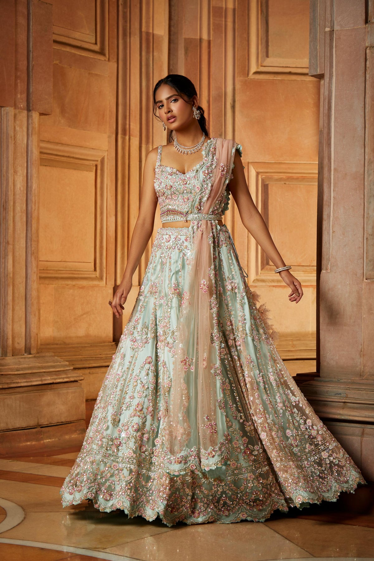 Soft Sage Green Tulle Lehenga Choli and Belt with a Blush Pink Dupatta