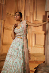 Soft Sage Green Tulle Lehenga Choli and Belt with a Blush Pink Dupatta