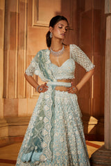 Aqua Ombr Tulle Lehenga Choli Dupatta