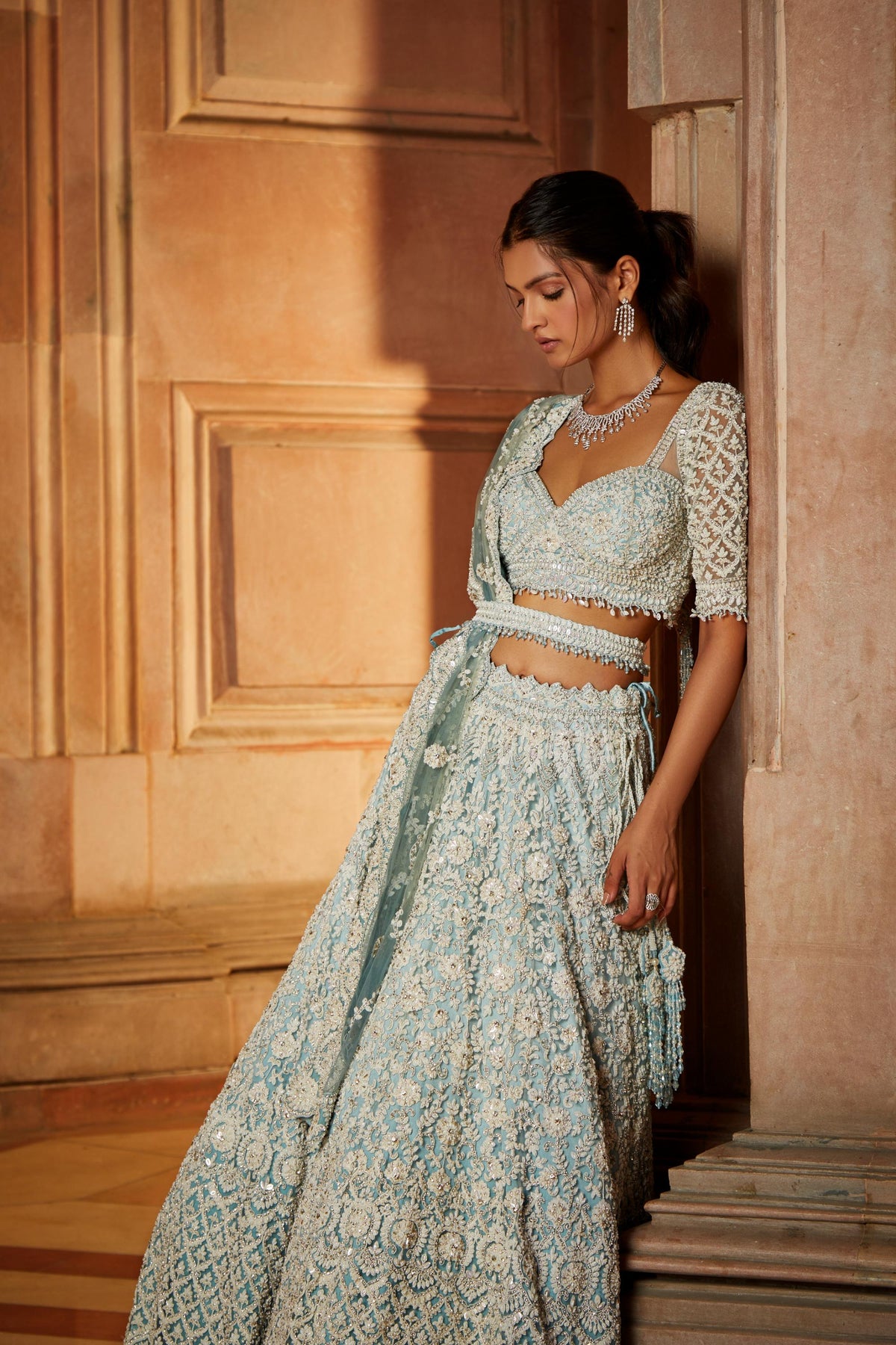 Aqua Ombr Tulle Lehenga Choli Dupatta