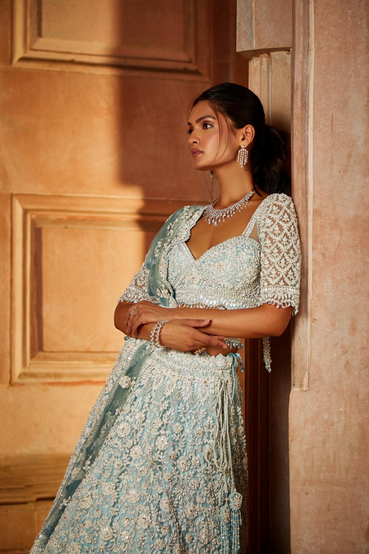 Aqua Ombr Tulle Lehenga Choli Dupatta