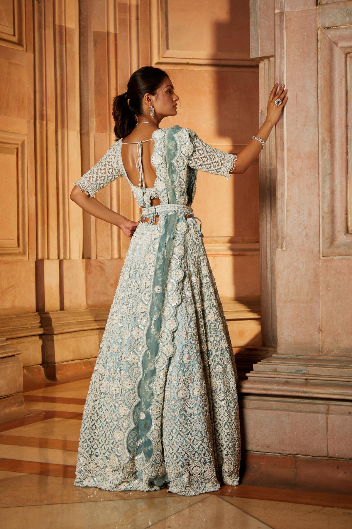 Aqua Ombr Tulle Lehenga Choli Dupatta