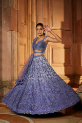 Ink Blue Ombr Organza Choli Dupatta with Worked