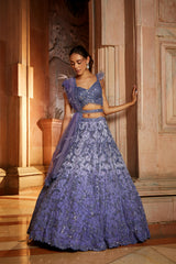 Ink Blue Ombr Organza Choli Dupatta with Worked