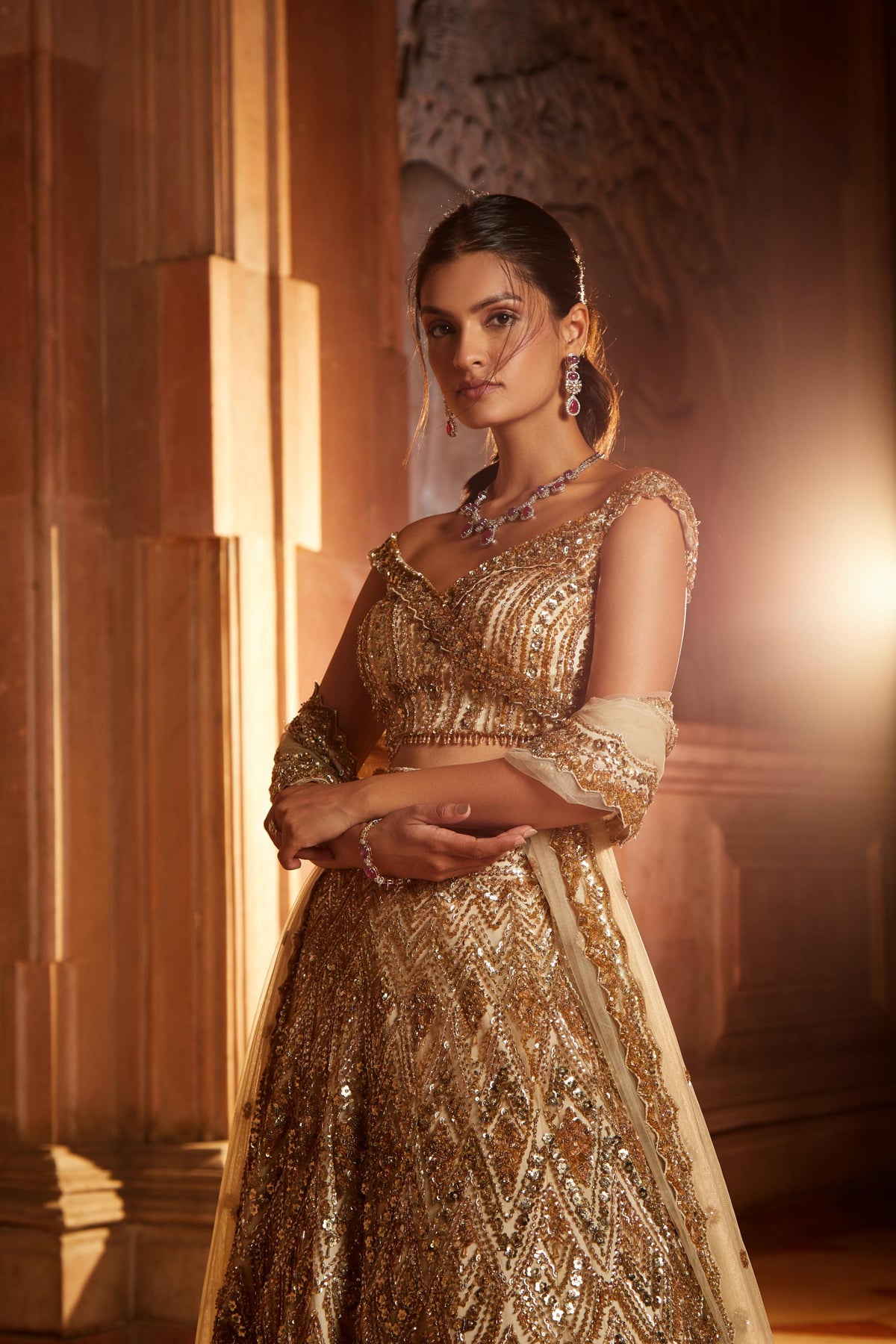 Champagne Gold Tulle Lehenga Choli Dupatta Set with Worked Belt