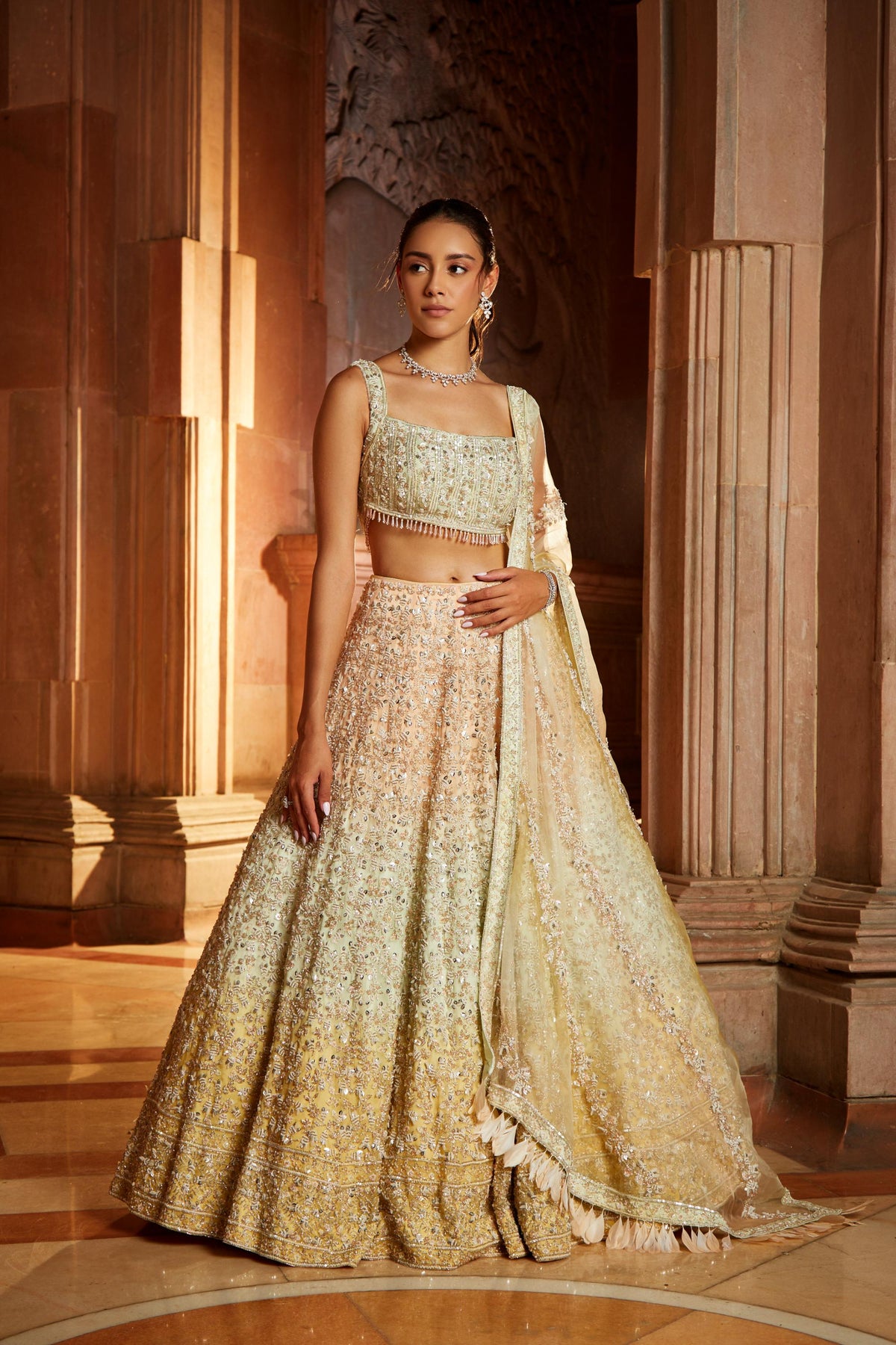 Tripple Colour Shaded Organza Lehenga Choli Dupatta Set with Optional Veil