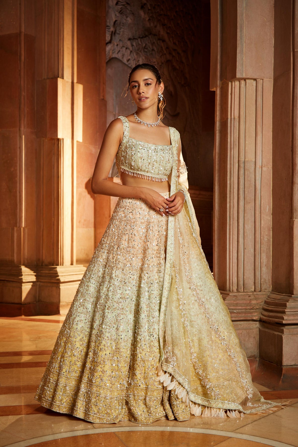 Tripple Colour Shaded Organza Lehenga Choli Dupatta Set with Optional Veil