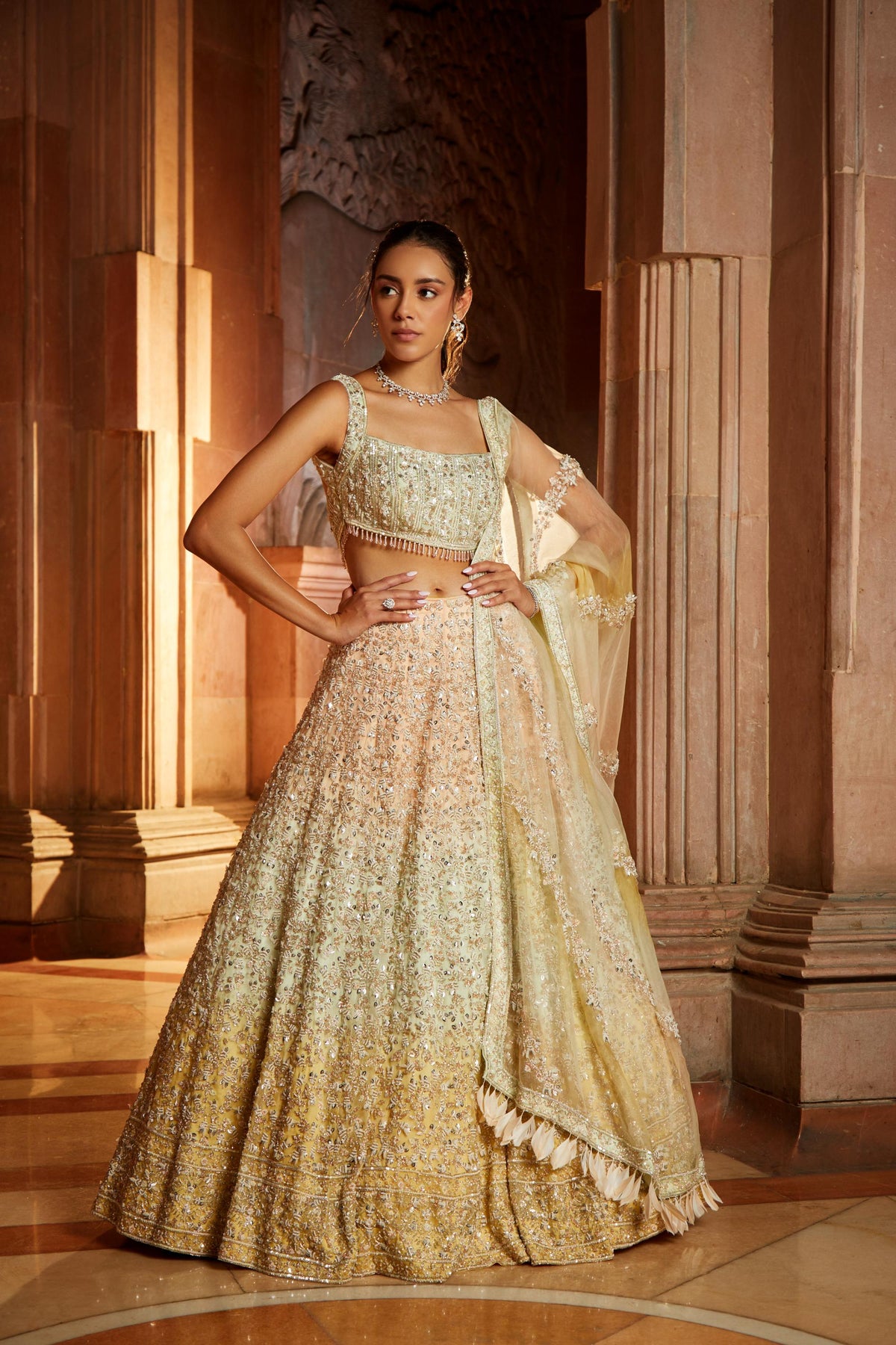 Tripple Colour Shaded Organza Lehenga Choli Dupatta Set with Optional Veil