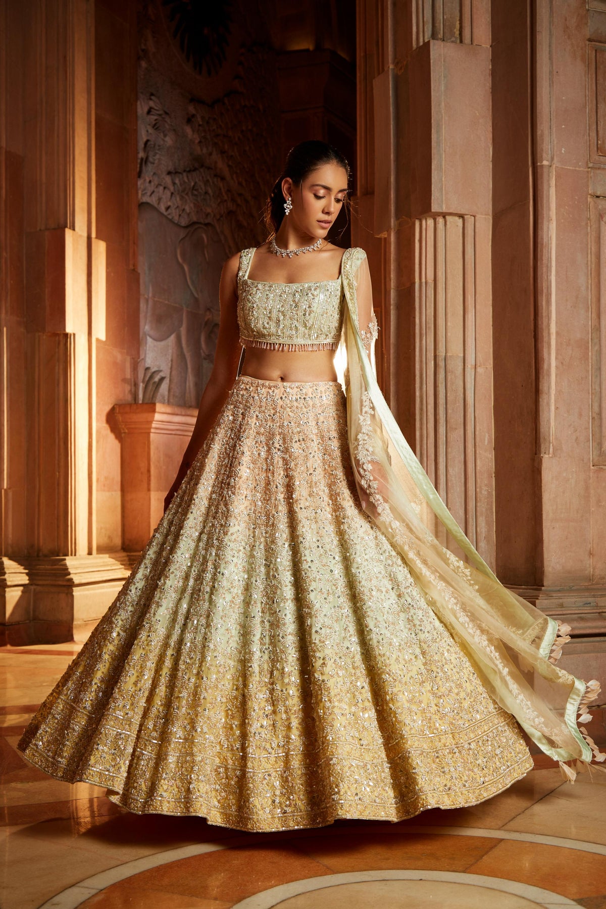 Tripple Colour Shaded Organza Lehenga Choli Dupatta Set with Optional Veil