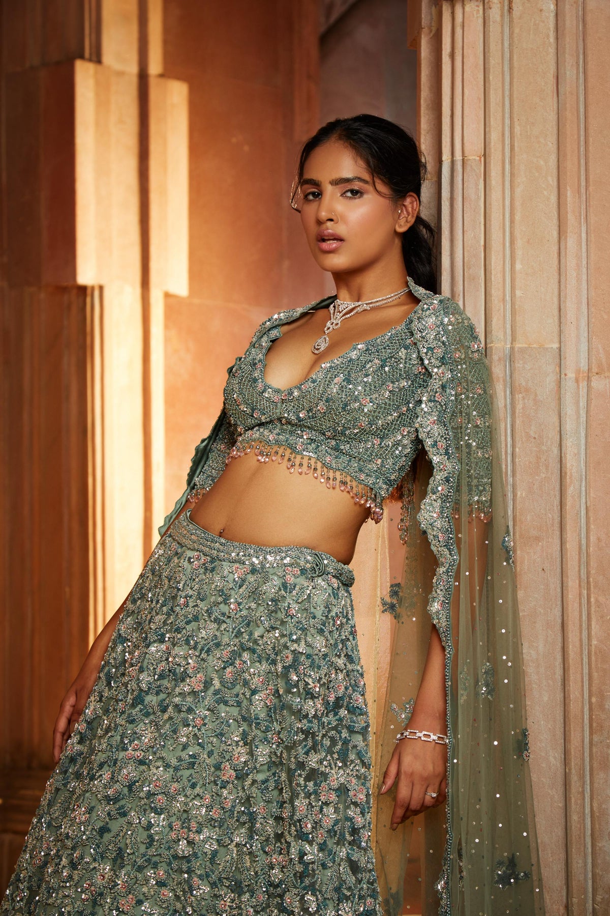 Sage Green Tulle Lehenga Choli Set