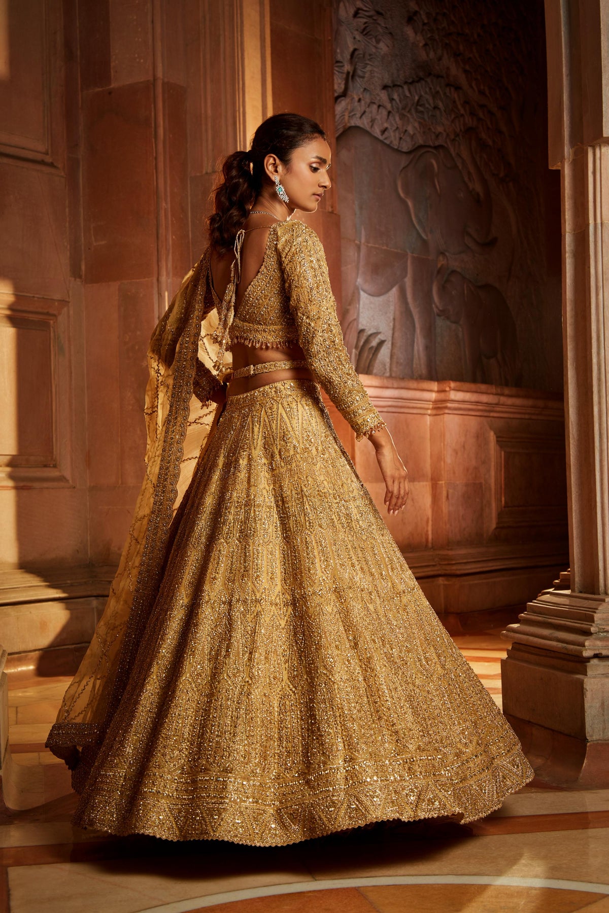 Gold Organza Lehenga Choli Dupatta with Worked Belt