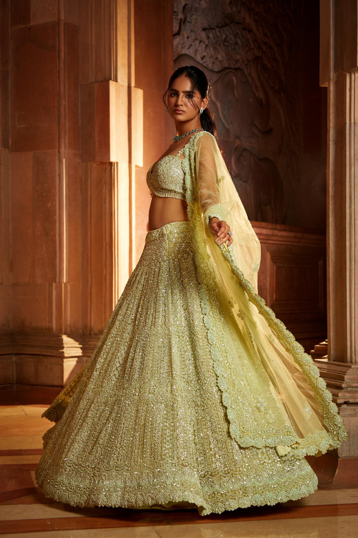 Lime Green Tulle Lehenga Choli Dupatta Set