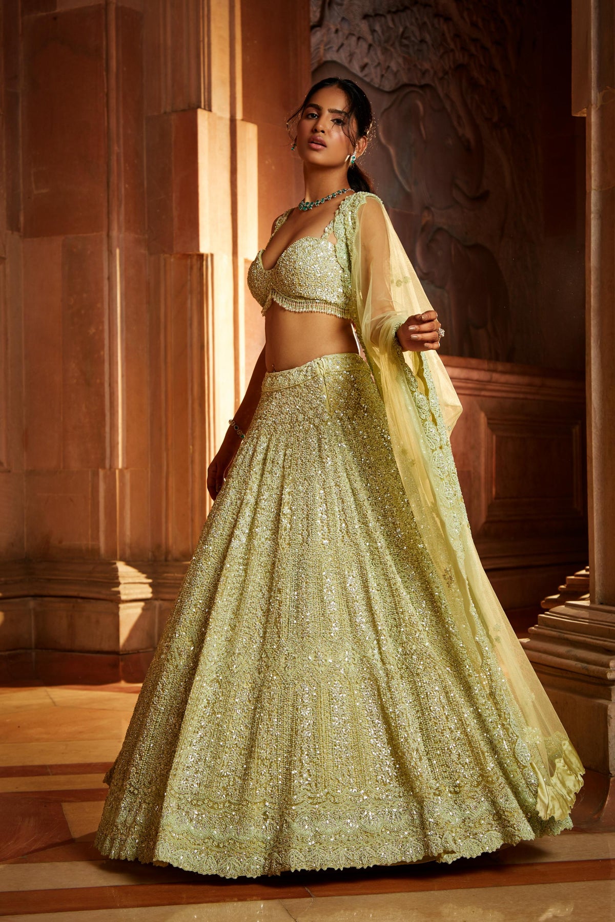 Lime Green Tulle Lehenga Choli Dupatta Set