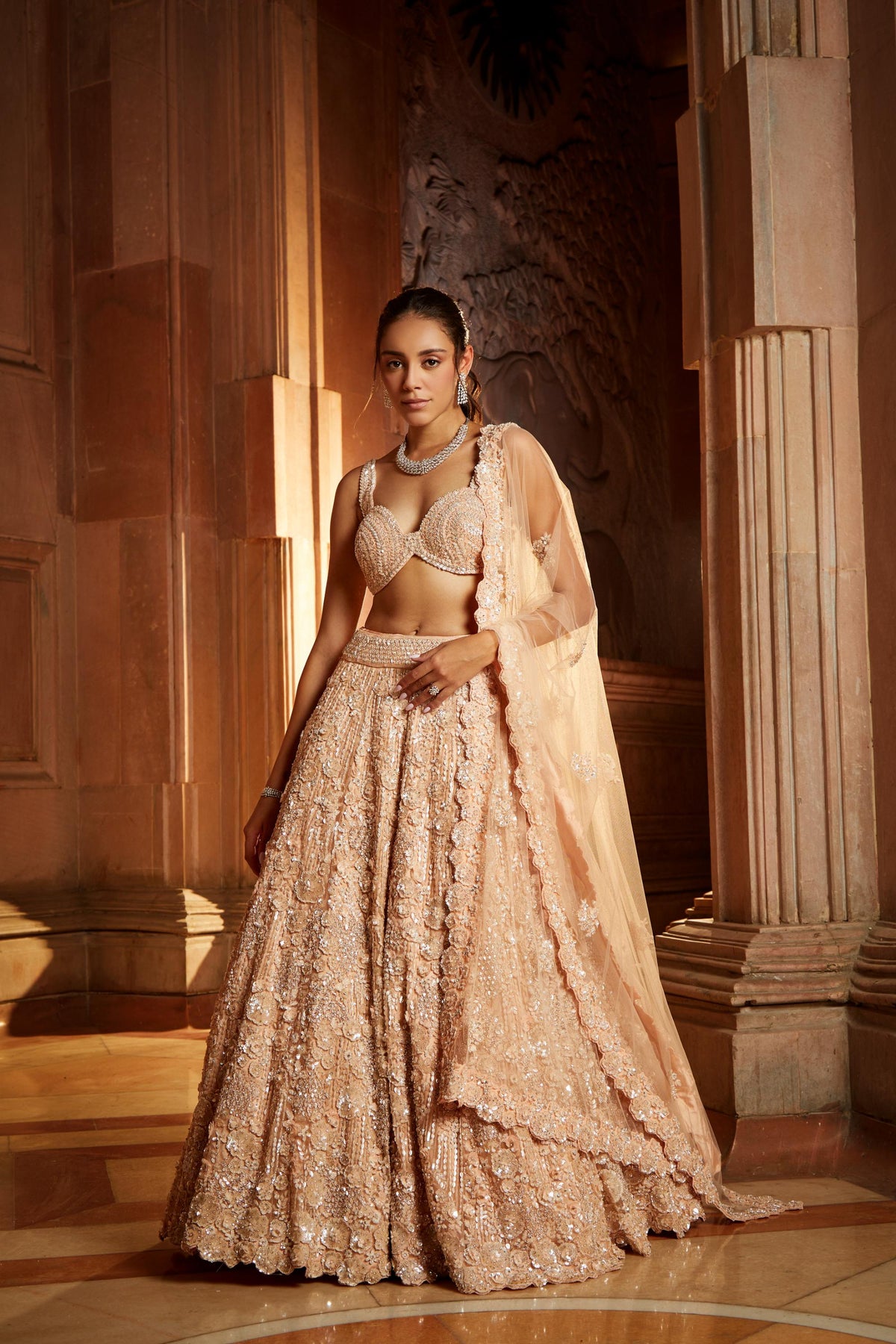 Peach Tulle Lehenga Choli Dupatta Set