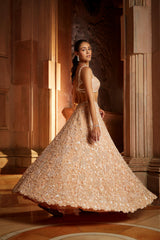 Peach Tulle Lehenga Choli Dupatta Set