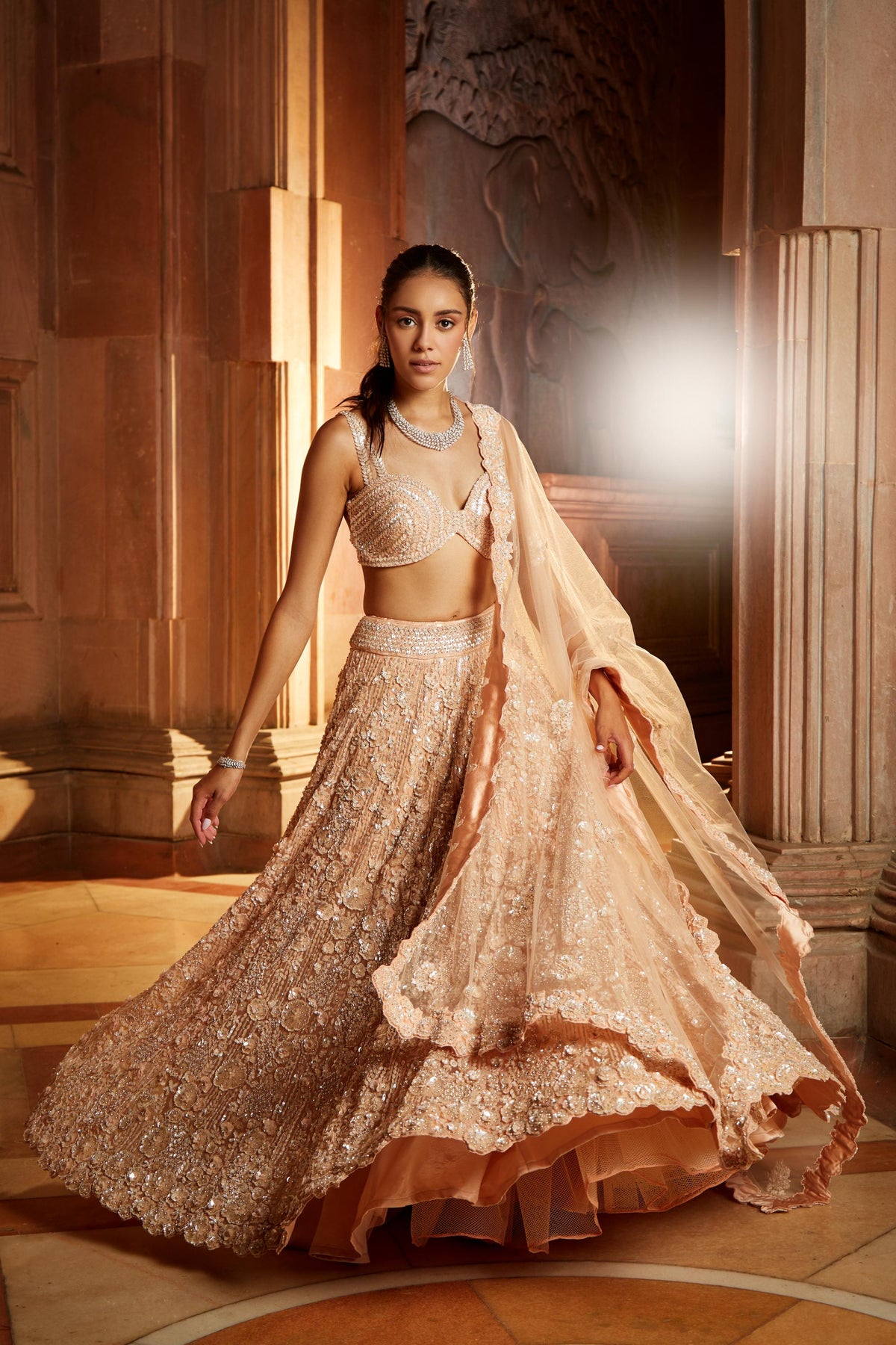 Peach Tulle Lehenga Choli Dupatta Set
