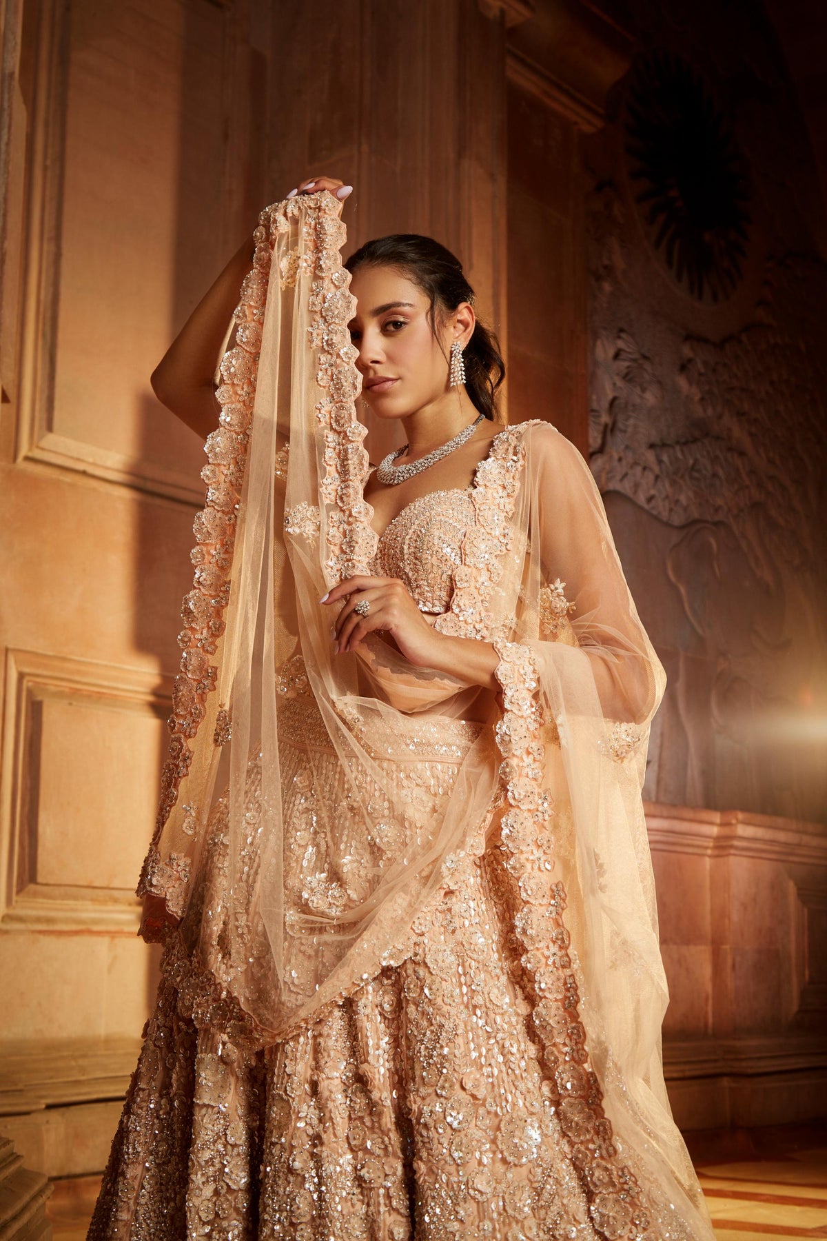 Peach Tulle Lehenga Choli Dupatta Set