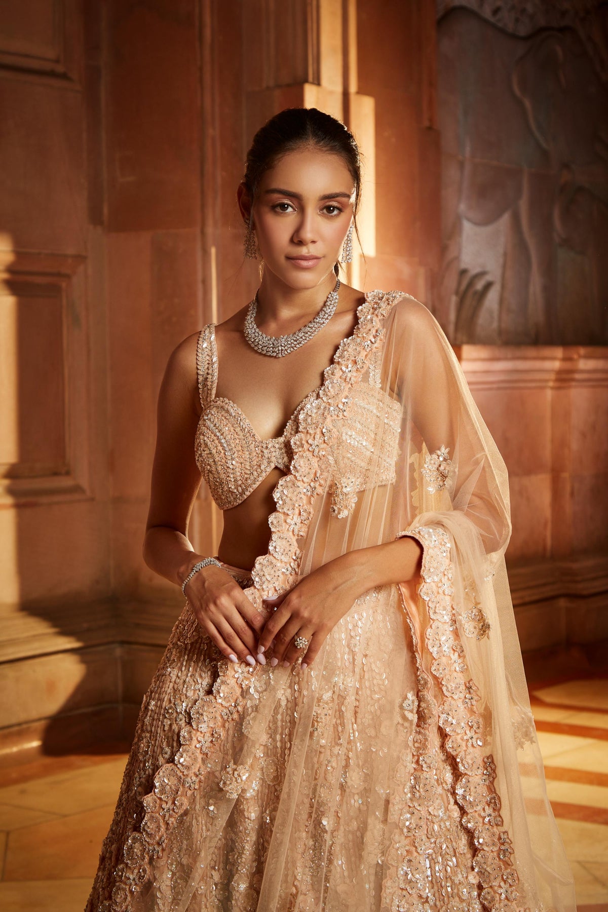 Peach Tulle Lehenga Choli Dupatta Set