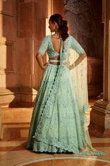 Vibrant Mint Green Tulle Lehenga Choli Dupatta with a Worked Belt