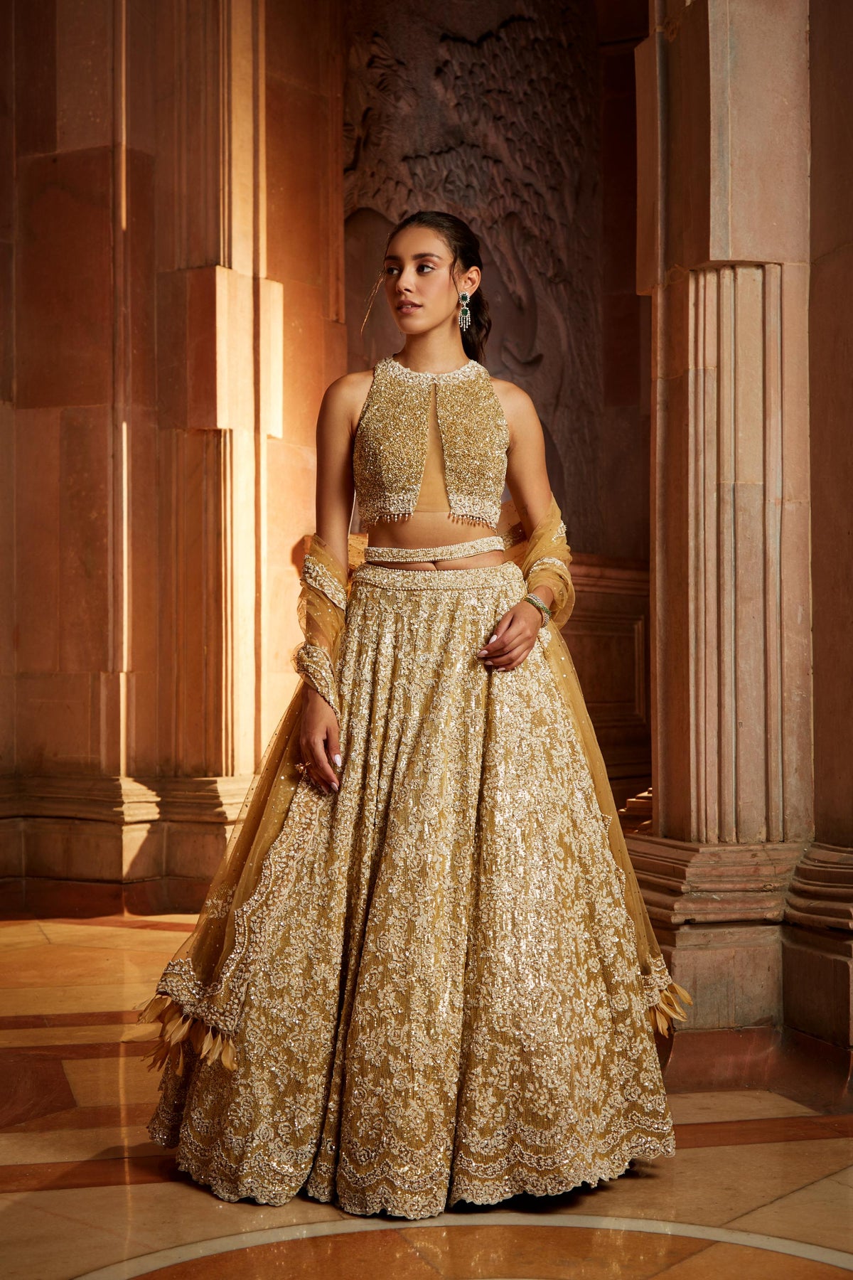 Gold Tulle Lehenga Choli Dupatta Set with Worked Belt