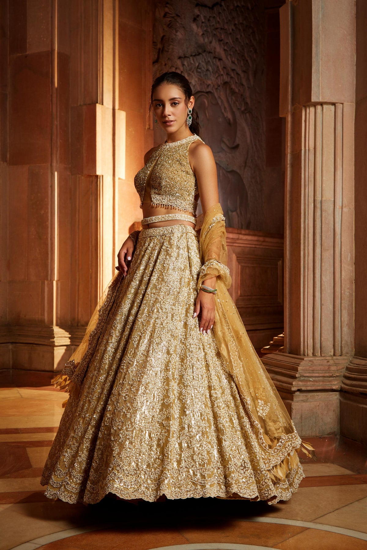 Gold Tulle Lehenga Choli Dupatta Set with Worked Belt
