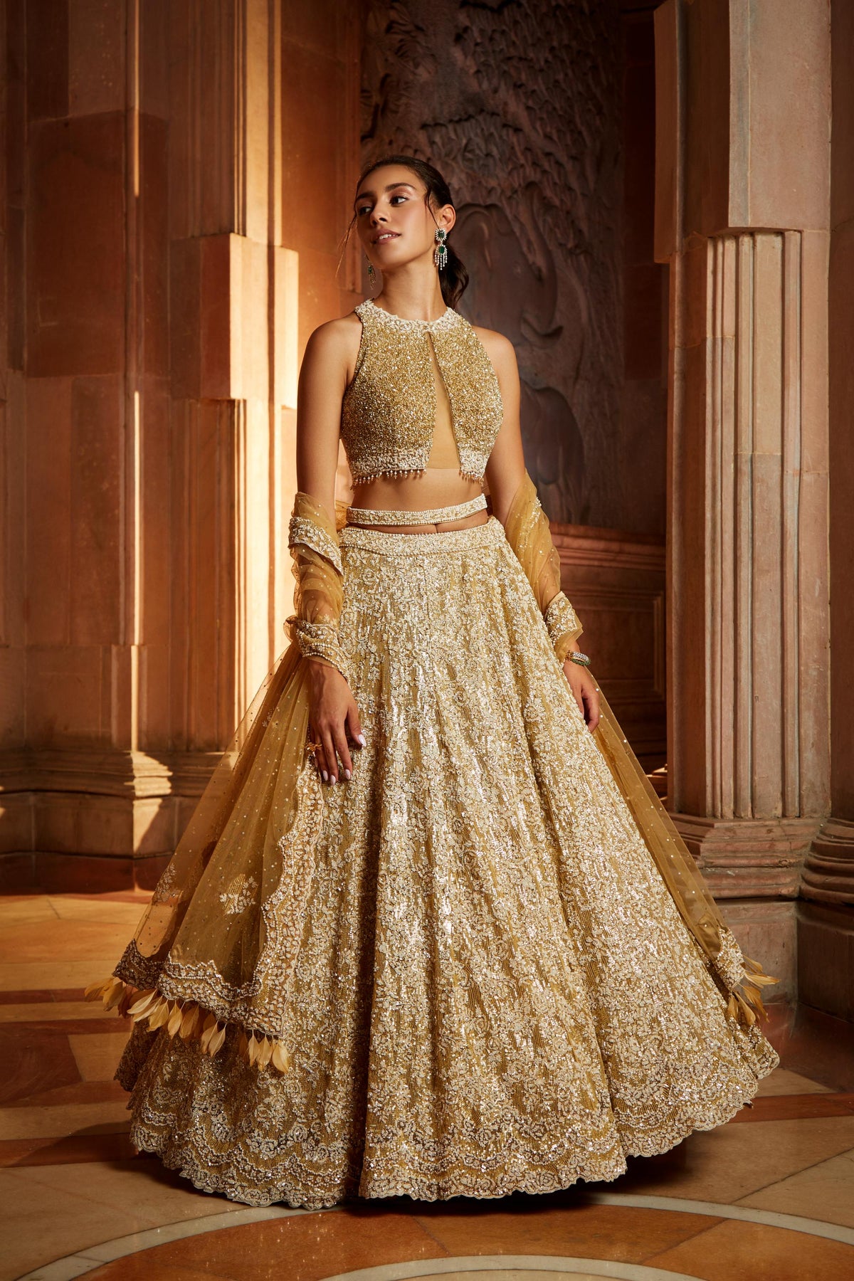 Gold Tulle Lehenga Choli Dupatta Set with Worked Belt