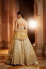 Gold Tulle Lehenga Choli Dupatta Set with Worked Belt