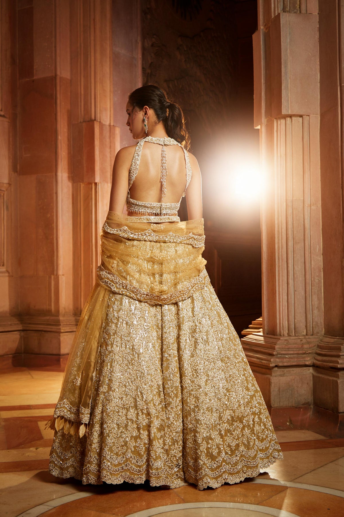 Gold Tulle Lehenga Choli Dupatta Set with Worked Belt