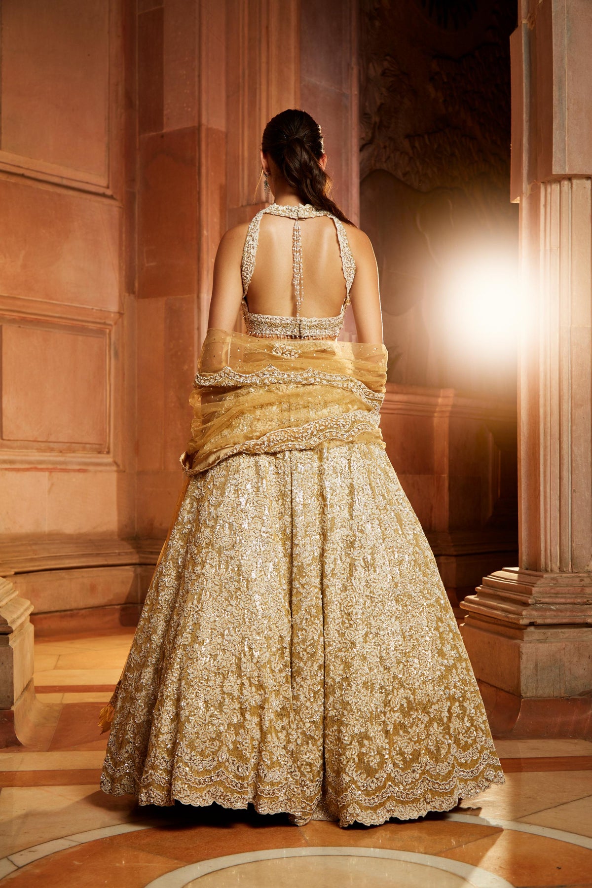 Gold Tulle Lehenga Choli Dupatta Set with Worked Belt