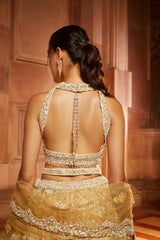 Gold Tulle Lehenga Choli Dupatta Set with Worked Belt