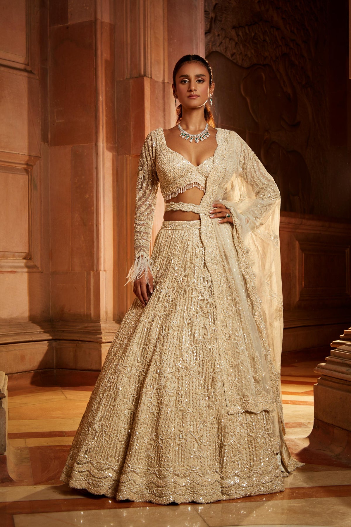 Vineeta Singh In Ivory Tulle Lehenga Choli Dupatta Set with an Optional Veil