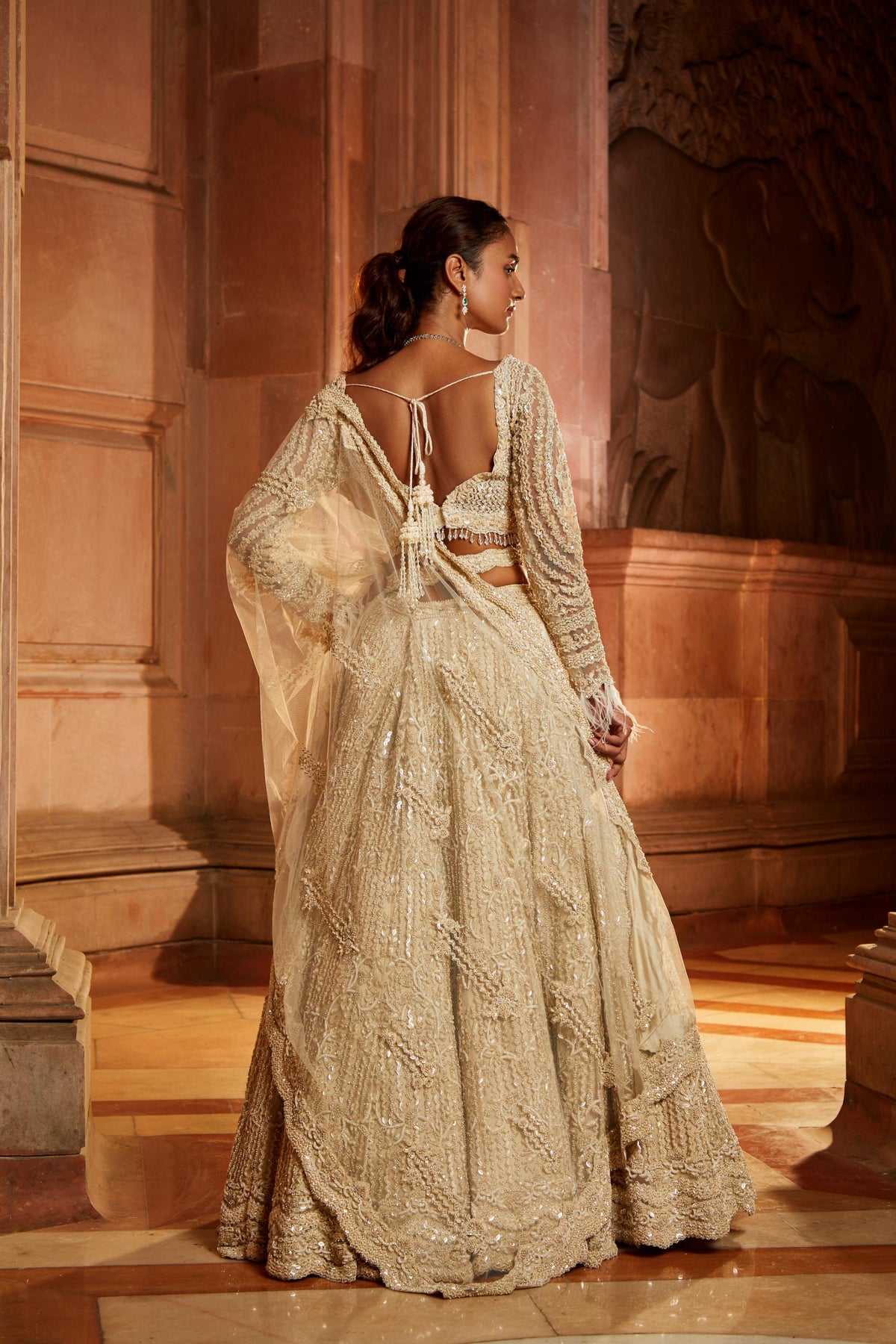 Vineeta Singh In Ivory Tulle Lehenga Choli Dupatta Set with an Optional Veil