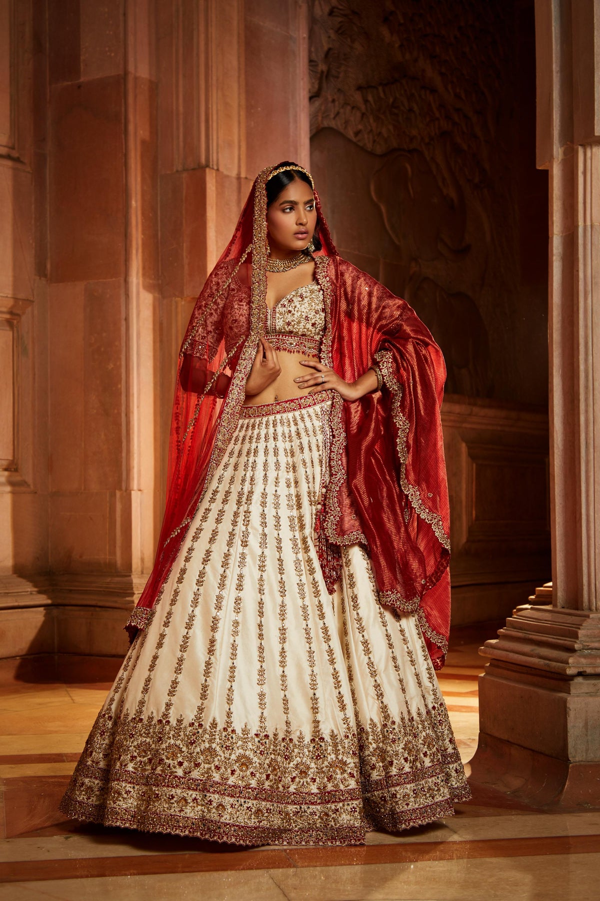 Ivory Taffeta Bridal Lehenga Choli Set with Red Dupatta