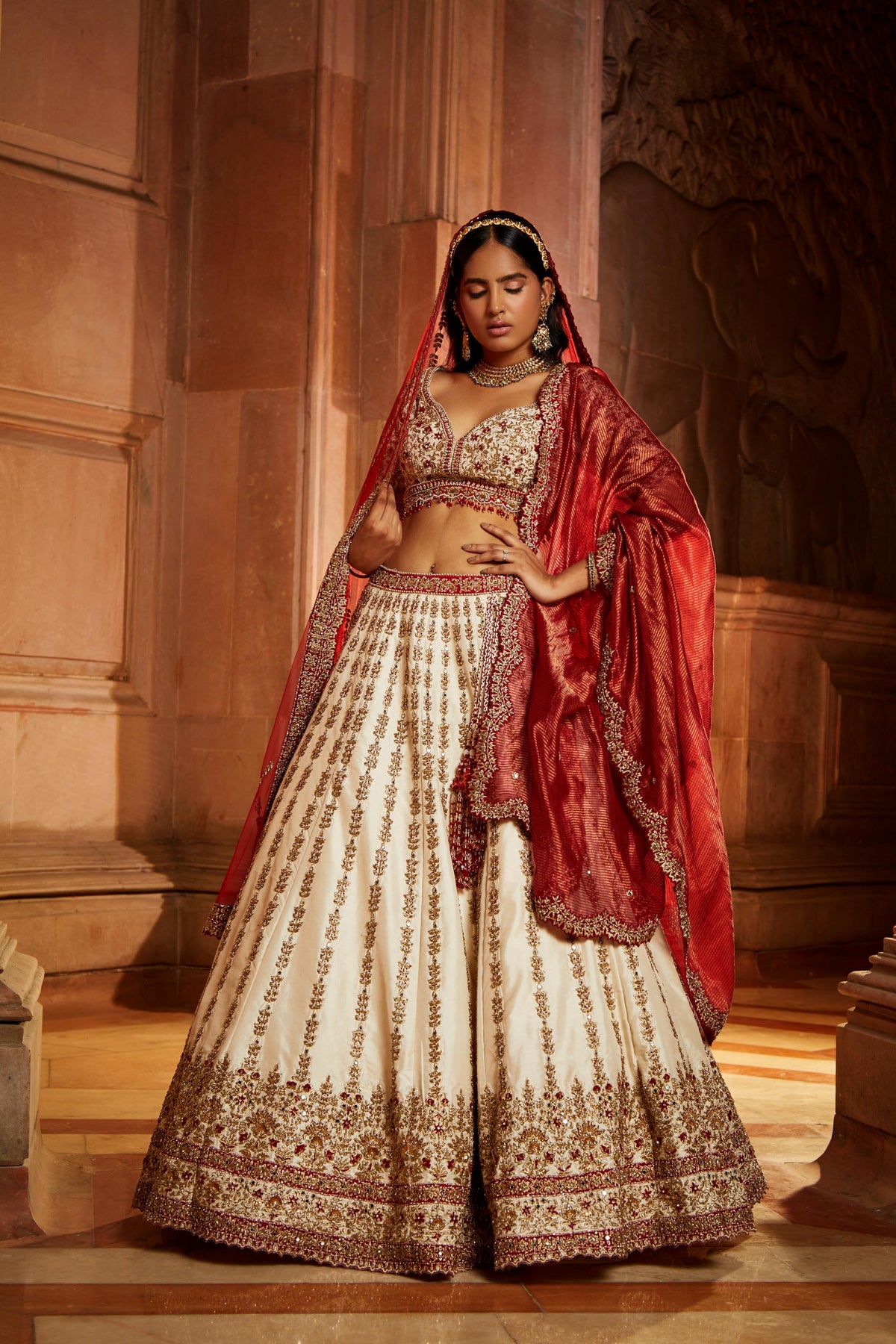 Ivory Taffeta Bridal Lehenga Choli Set with Red Dupatta