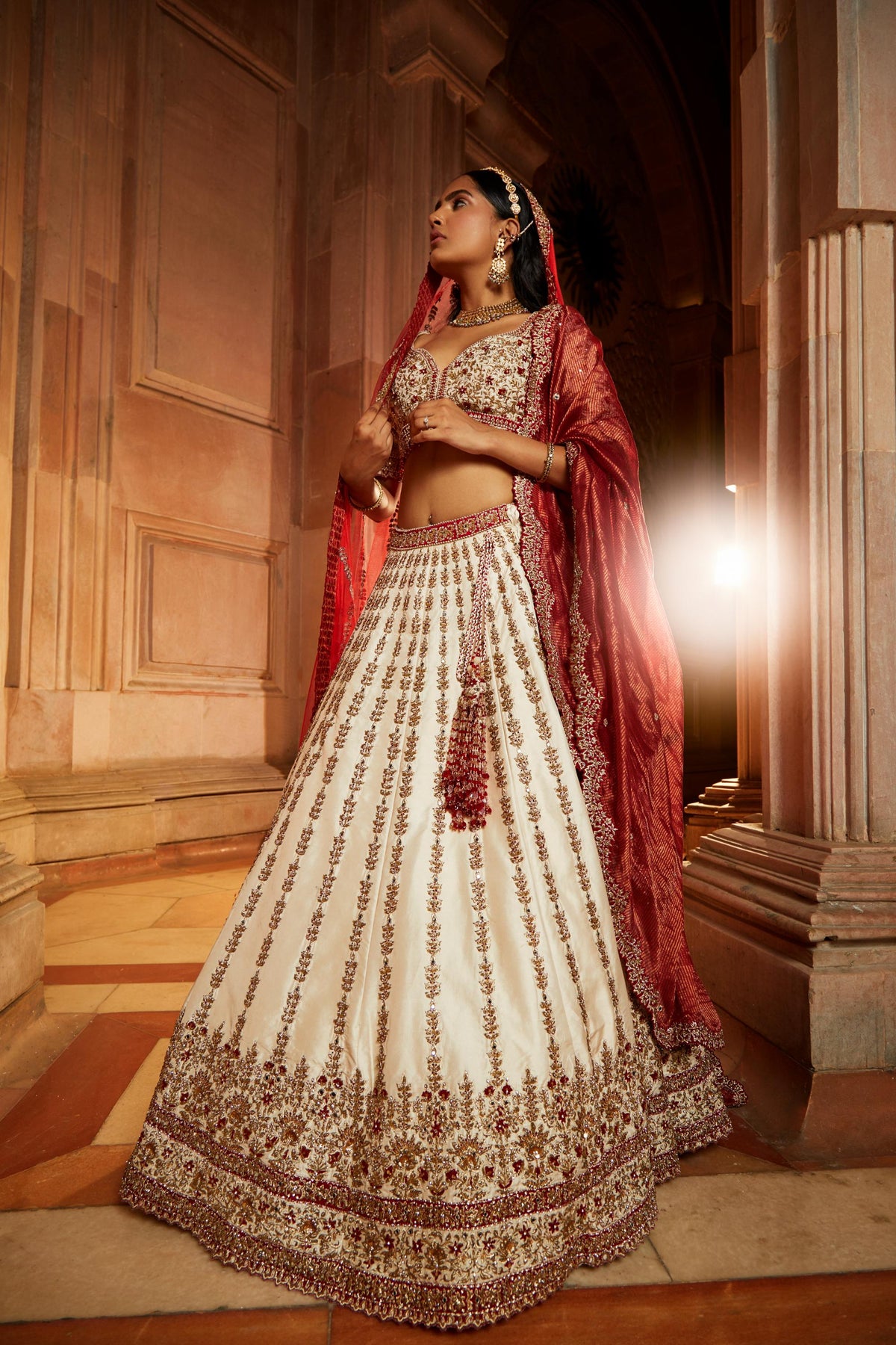 Ivory Taffeta Bridal Lehenga Choli Set with Red Dupatta