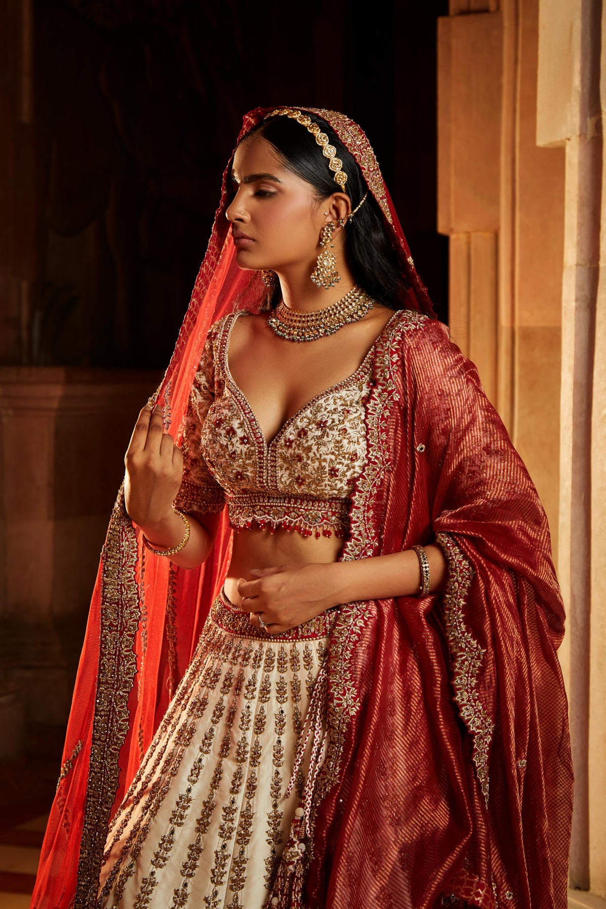 Ivory Taffeta Bridal Lehenga Choli Set with Red Dupatta