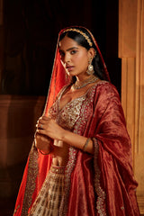 Ivory Taffeta Bridal Lehenga Choli Set with Red Dupatta