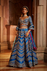 Peacock Blue Tafetta Lehenga Choli with a Tulle Dupatta and Belt