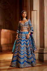 Peacock Blue Tafetta Lehenga Choli with a Tulle Dupatta and Belt