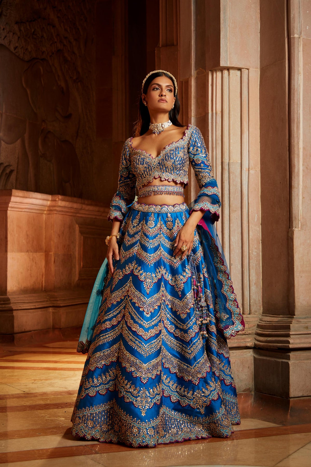 Peacock Blue Tafetta Lehenga Choli with a Tulle Dupatta and Belt
