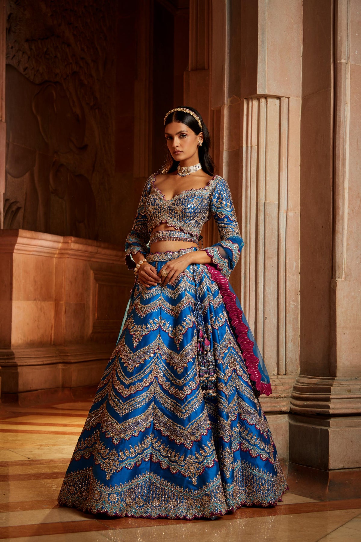 Peacock Blue Tafetta Lehenga Choli with a Tulle Dupatta and Belt