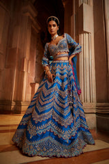 Peacock Blue Tafetta Lehenga Choli with a Tulle Dupatta and Belt