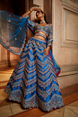 Peacock Blue Tafetta Lehenga Choli with a Tulle Dupatta and Belt