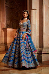 Peacock Blue Tafetta Lehenga Choli with a Tulle Dupatta and Belt