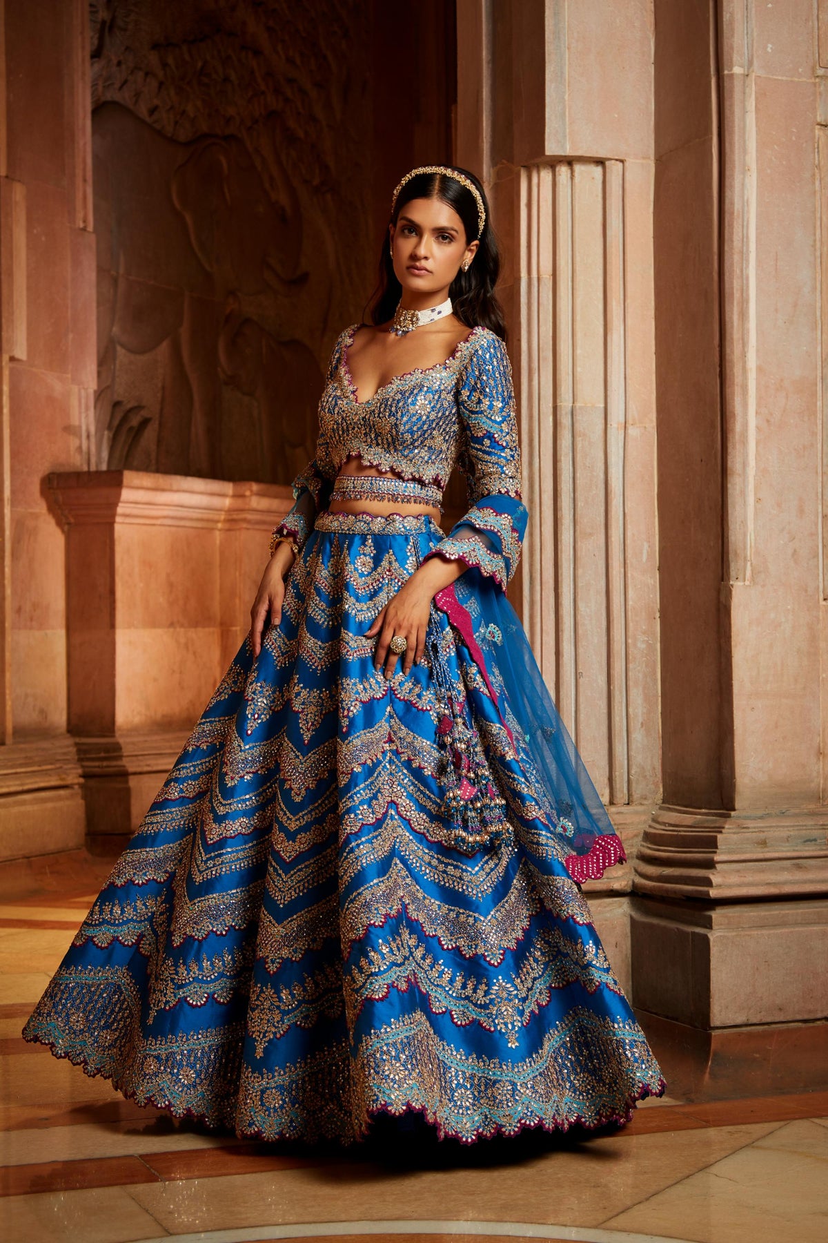 Peacock Blue Tafetta Lehenga Choli with a Tulle Dupatta and Belt