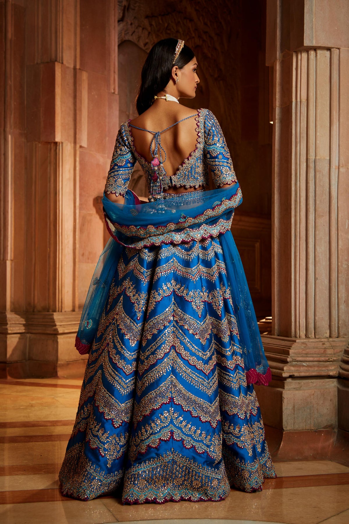 Peacock Blue Tafetta Lehenga Choli with a Tulle Dupatta and Belt