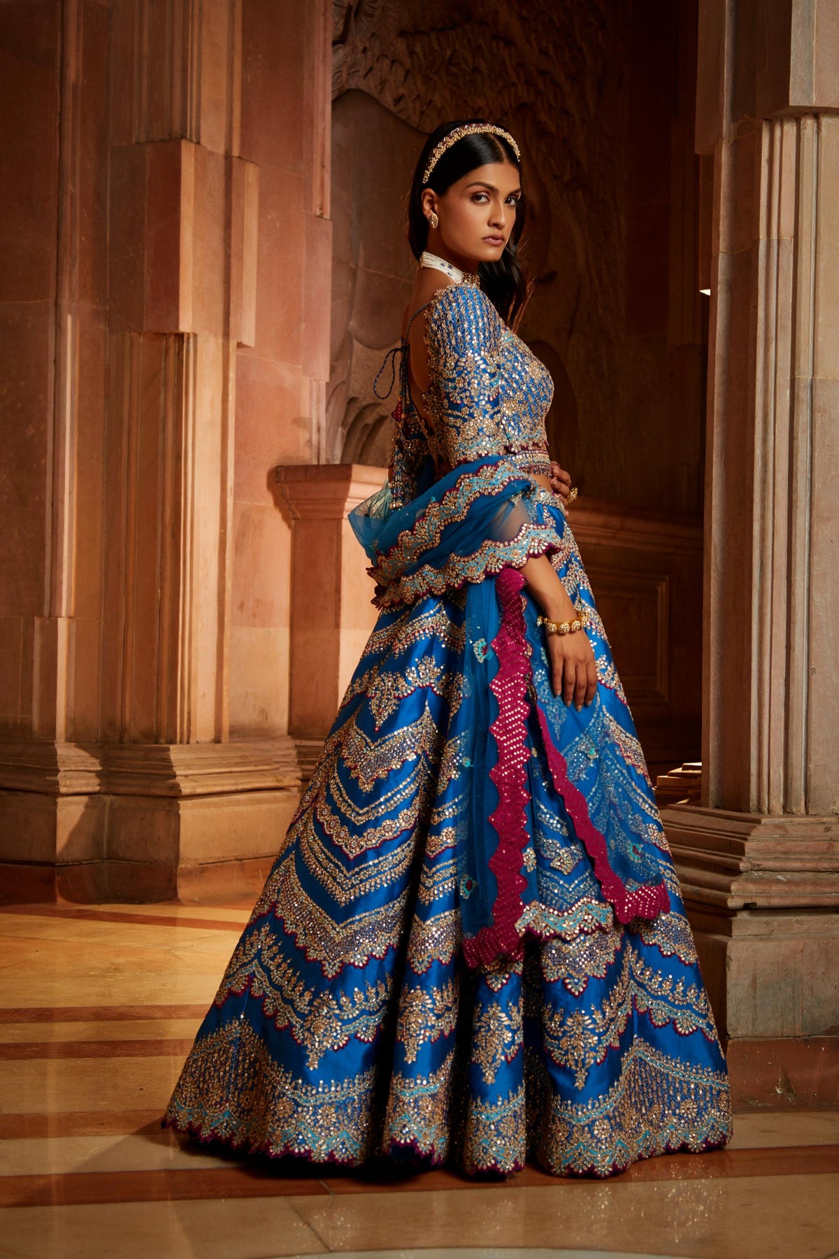Peacock Blue Tafetta Lehenga Choli with a Tulle Dupatta and Belt