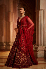 Nude Tulle Lehenga Choli with worked Belt and contrasting Organza Dupatta with an Optional Tulle Veil